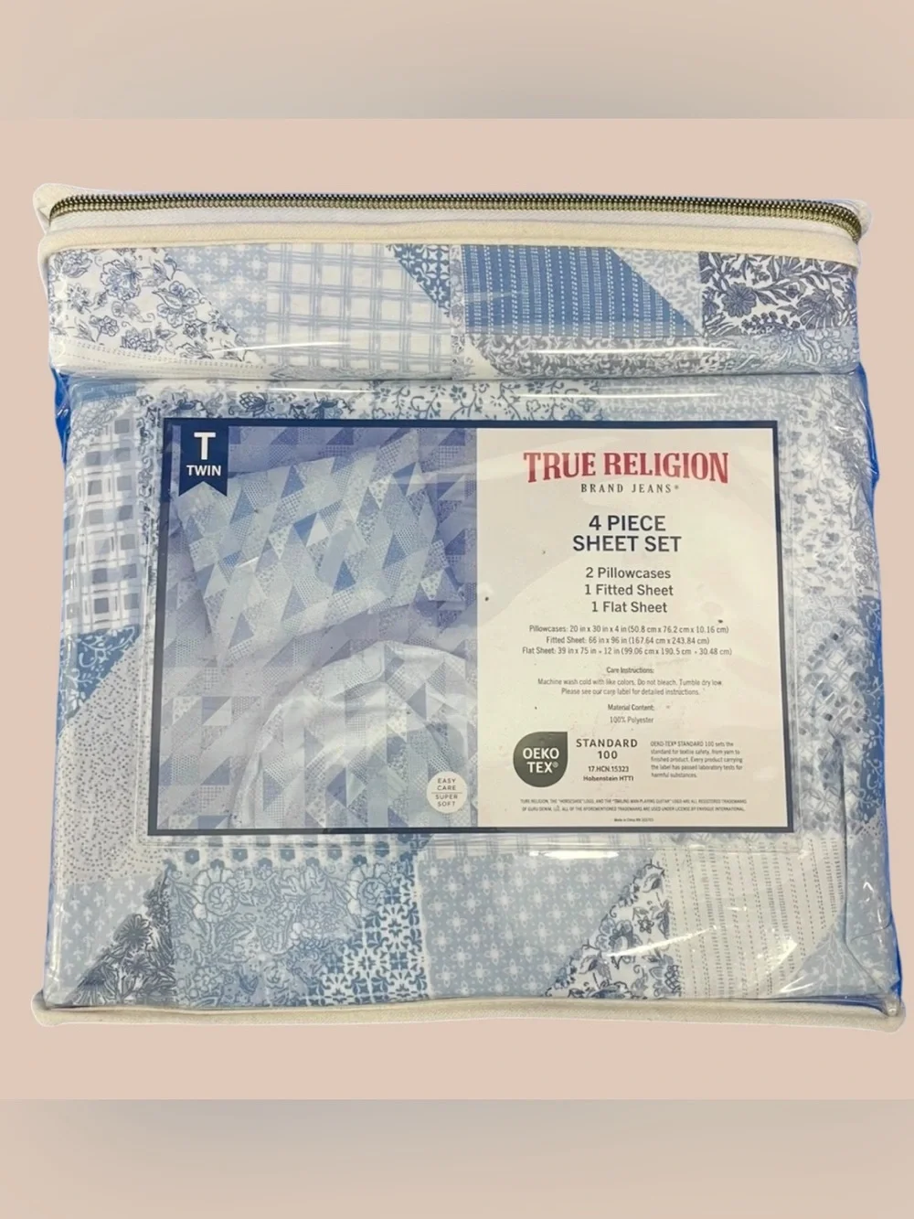 True Religion Quilt Patchwork-Like Blues White 4-pc Twin Sheet Set NEW NIP
